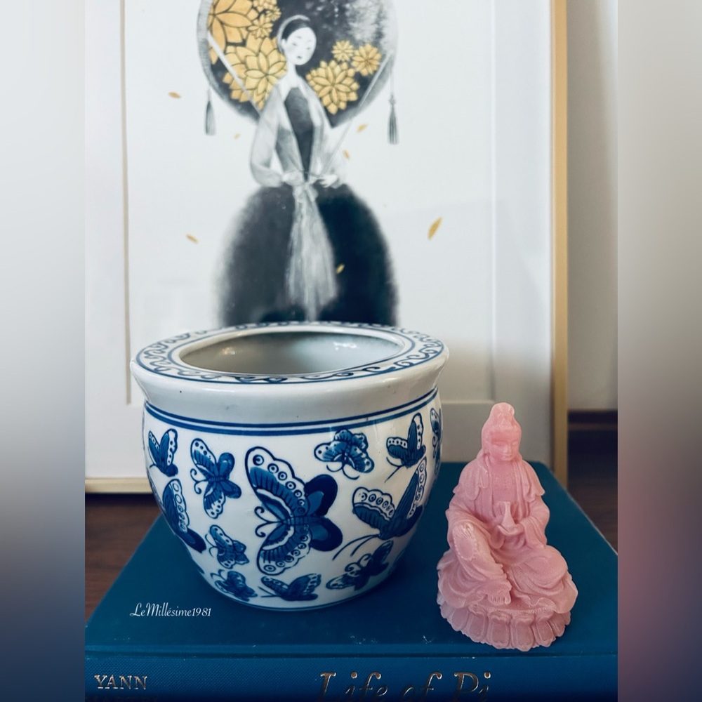 Vintage Blue & White Porcelain Butterfly Pot | Hand-Painted Chinese Planter
